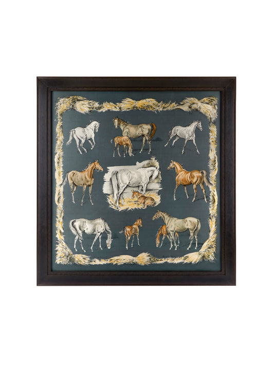 Vintage Hermes Les Poulines Silk Scarf Framed Art Weston Table