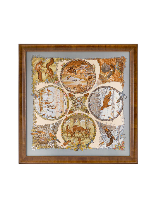 Vintage Hermes Les Quatre Saisons Grey Silk Scarf Framed Art Weston