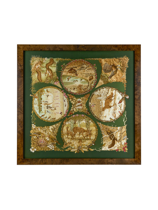 Vintage Hermes Les Quatre Saisons Silk Scarf Green Framed Art Weston Table