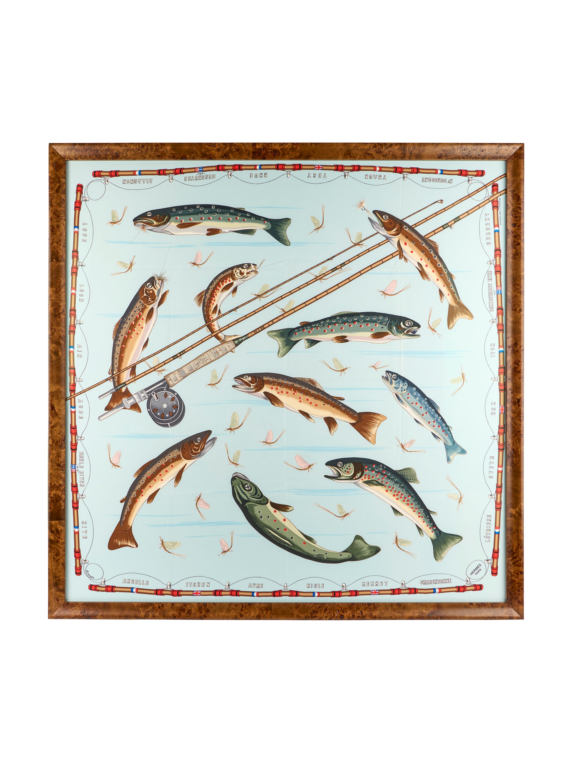 Vintage Hermes Les Truites Silk Scarf Framed Art Weston Table