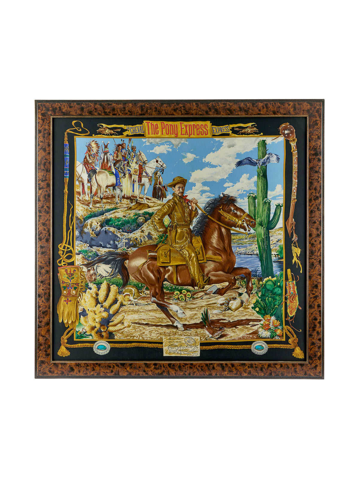 Vintage Hermes The Pony Express Silk Scarf Framed Art Black Border Weston Table
