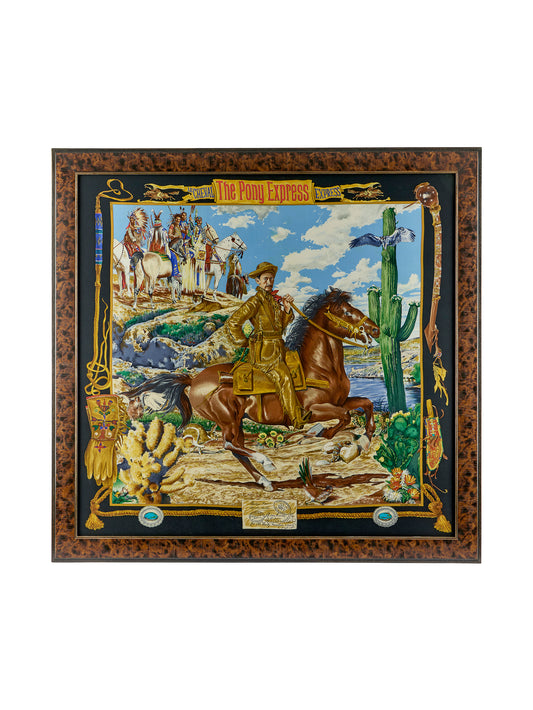 Vintage Hermes The Pony Express Silk Scarf Framed Art Green Border Weston Table