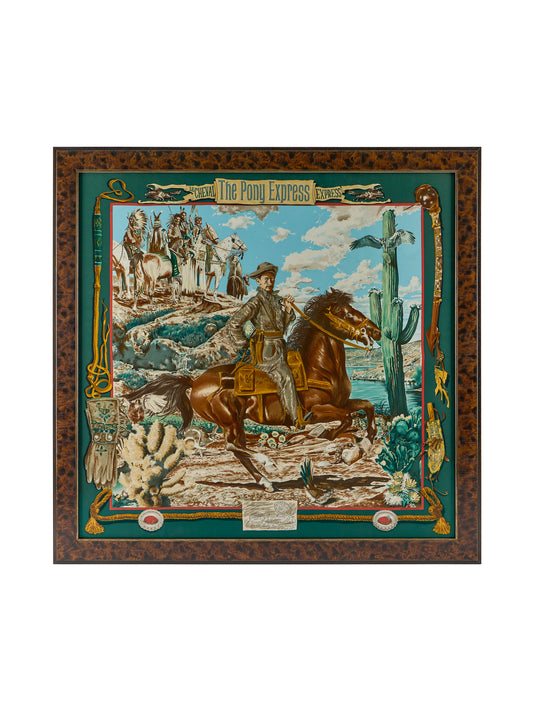 Vintage Hermes The Pony Express Silk Scarf Framed Art Green Border Weston Table