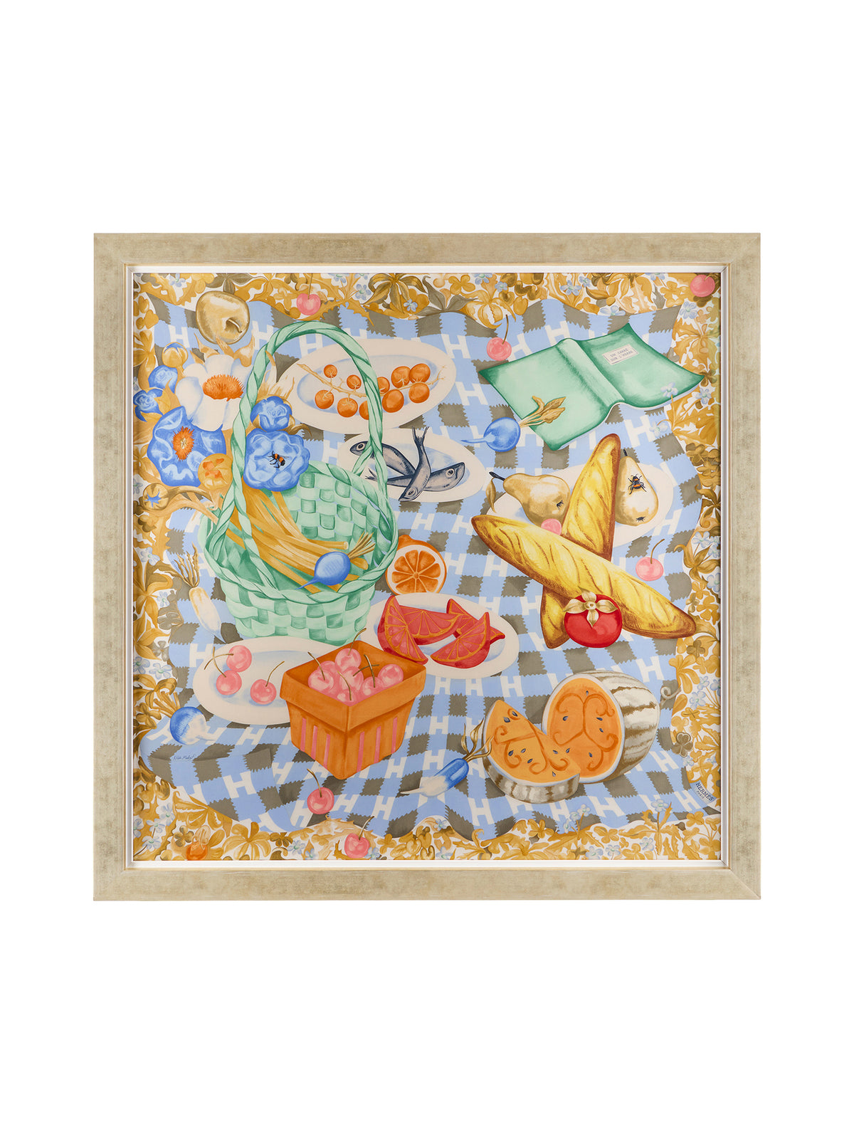 Vintage Hermes Un Carré sur l'Herbe Blue Pearl Silk Scarf Framed Art Weston Table