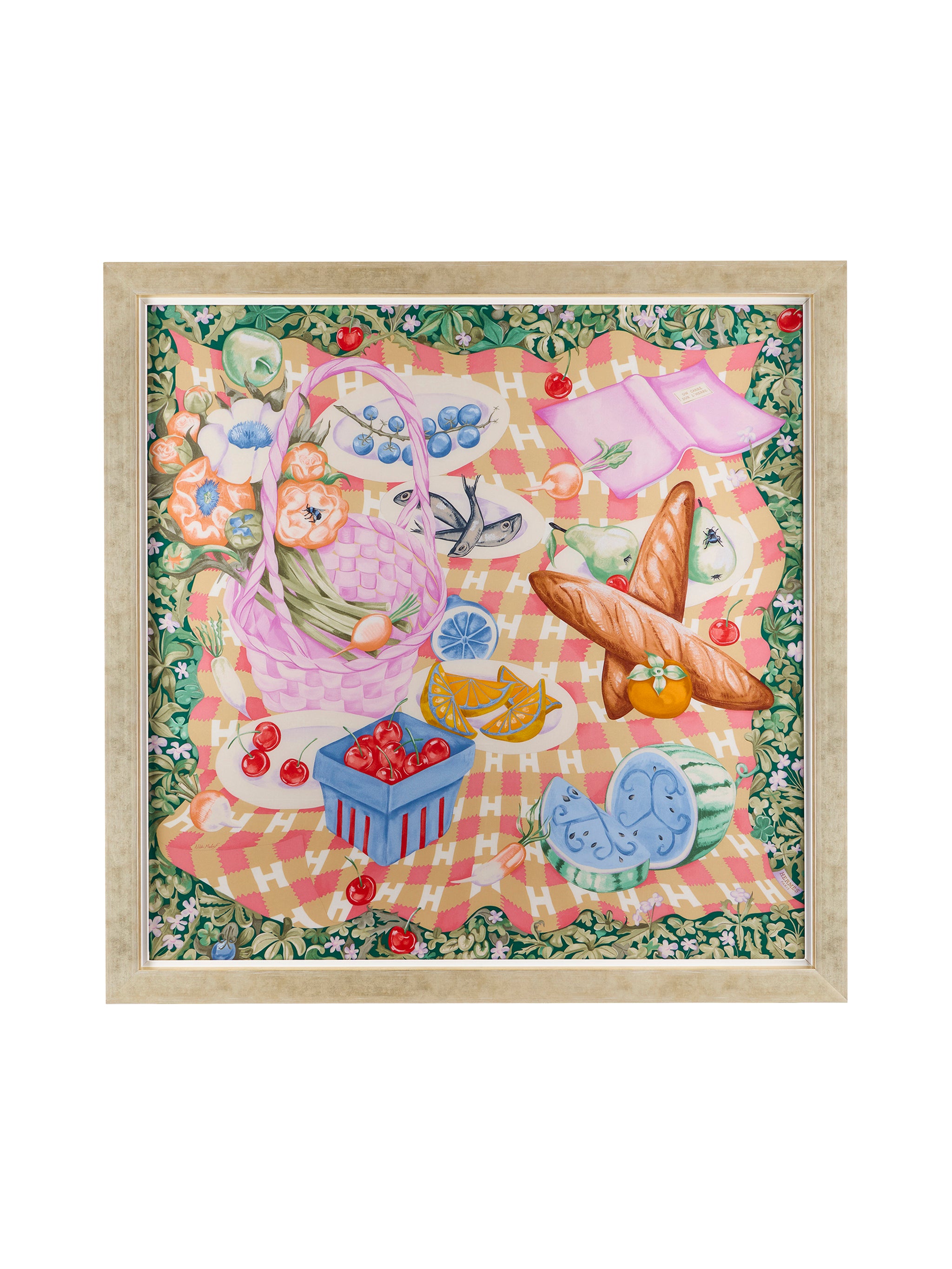 Vintage Hermes Un Carré sur l'Herbe Green Silk Scarf Framed Art