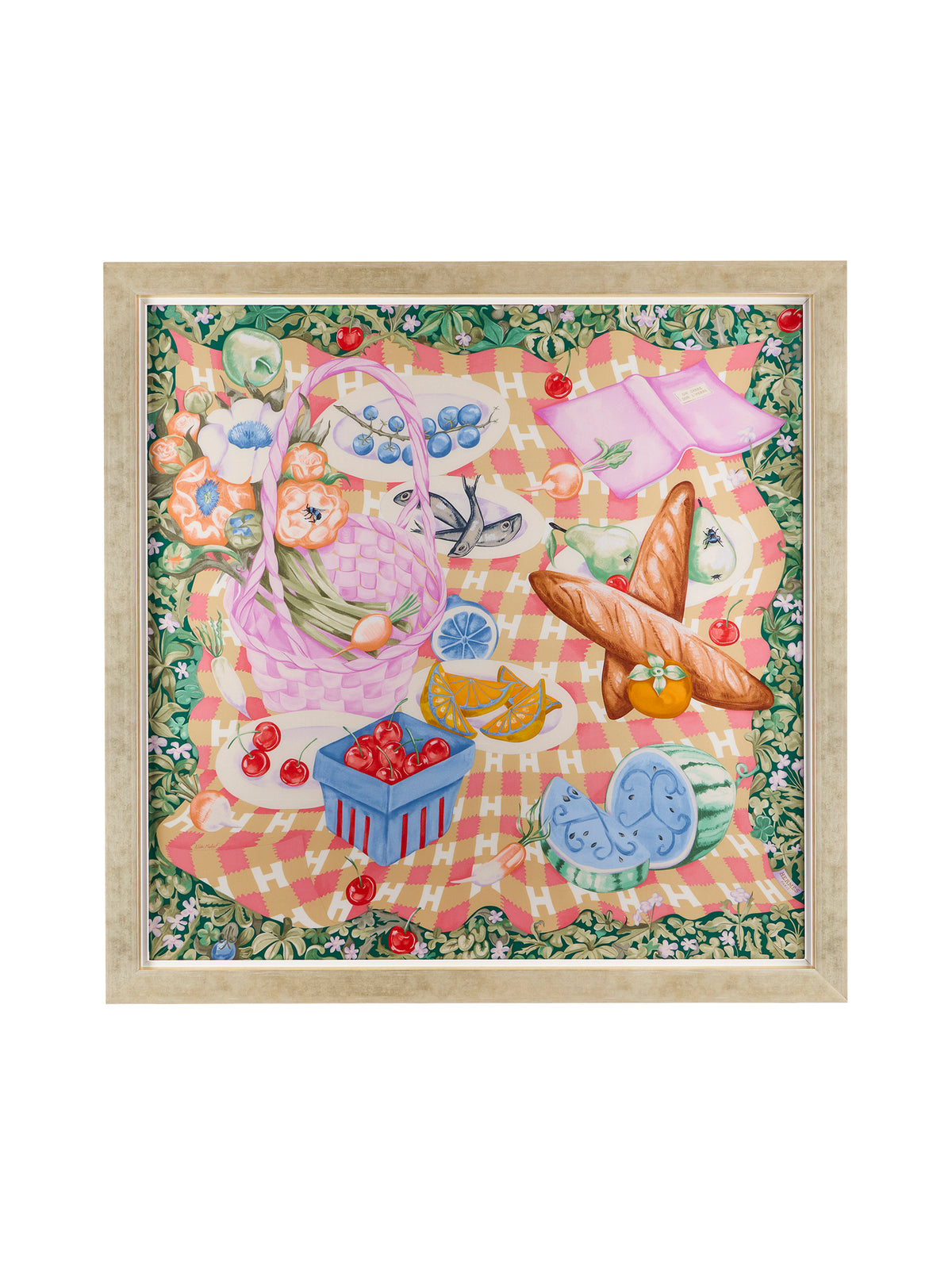 intage Hermes Un Carré sur l'Herbe Green Silk Scarf Framed Art Weston Table