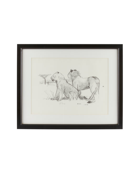 Vintage Kenyan Graphite Lion Framed Art Weston Table
