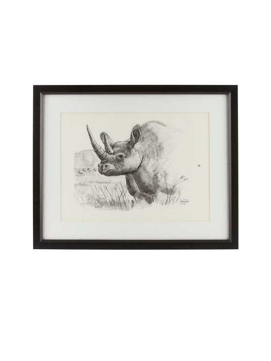 Vintage Kenyan Graphite Rhino Framed Art Weston Table