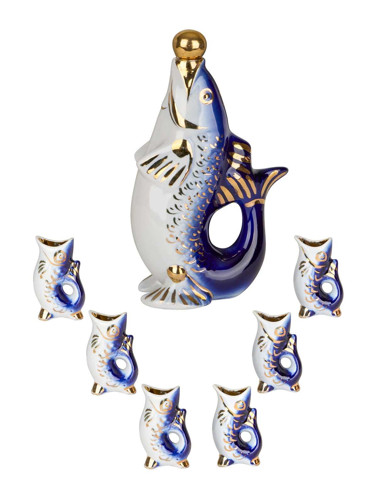 Vintage Retro Blue Fish Pitcher and Shot Glass Set Weston Table