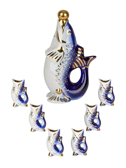 Vintage Retro Blue Fish Pitcher and Shot Glass Set Pitcher Weston Table
