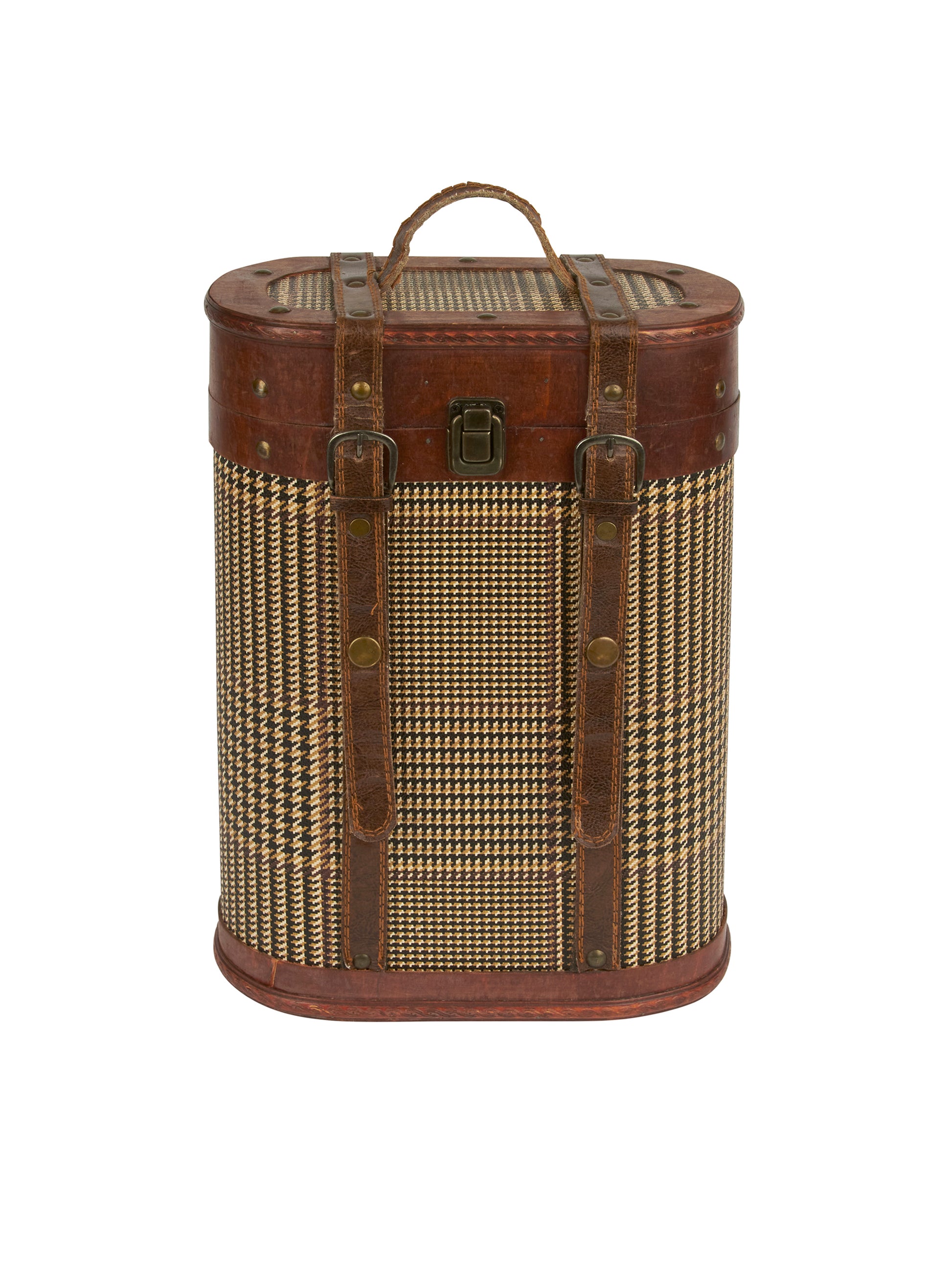 Vintage Retro Leather and Glen Plaid Wood Bottle Carrier Weston Table