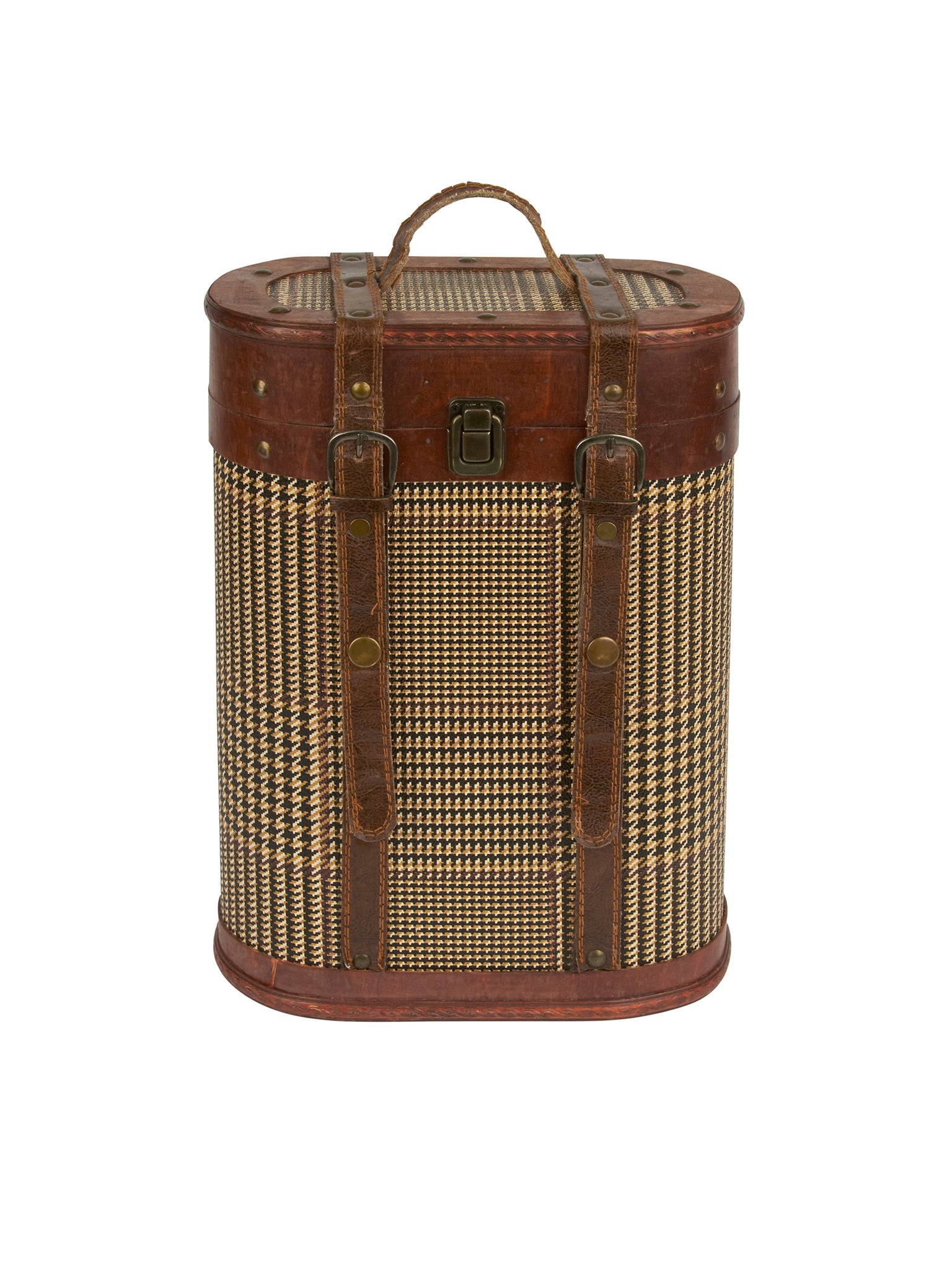 Vintage Retro Leather and Glen Plaid Wood Bottle Carrier Weston Table