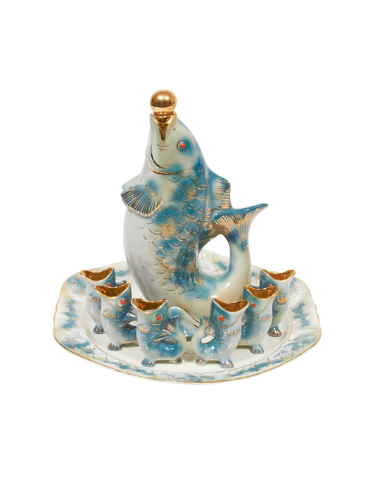 Vintage Retro Ukranian Aqua Fish Decanter Set Weston Table