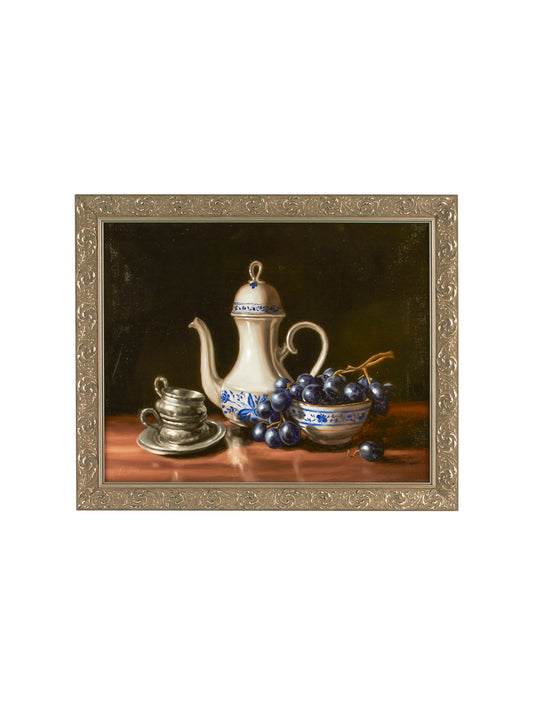 Vintage Teapot, Grapes, and Pewter Tea Cups Still Life Weston Table