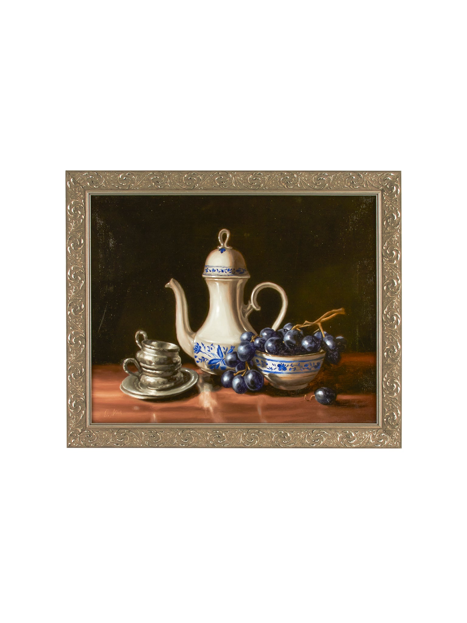 Vintage Teapot, Grapes, and Pewter Tea Cups Still Life Weston Table