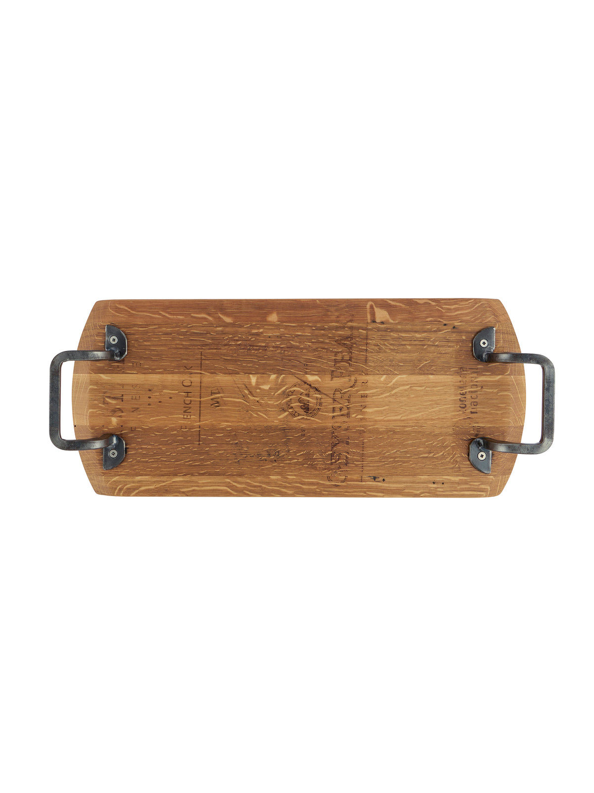 Vintage Wine Barrel Rectangular Wrought Iron Handled Serving Board Five Weston Table