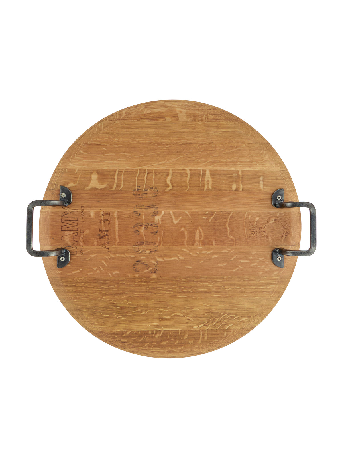 Vintage Wine Barrel Serving Board with Wrought Iron Handles Four Weston Table