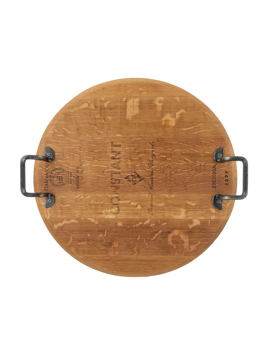 Vintage Wine Barrel Serving Board with Wrought Iron Handles One Weston Table