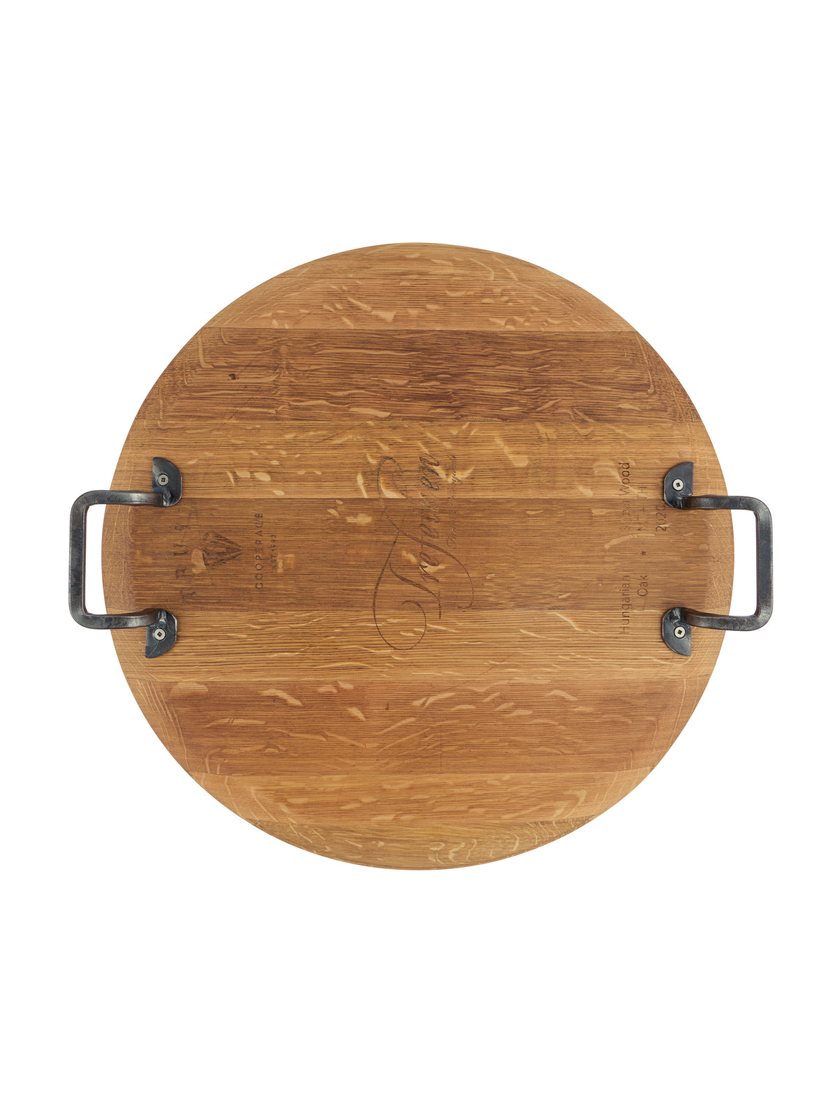 Vintage Wine Barrel Serving Board with Wrought Iron Handles Three Weston Table