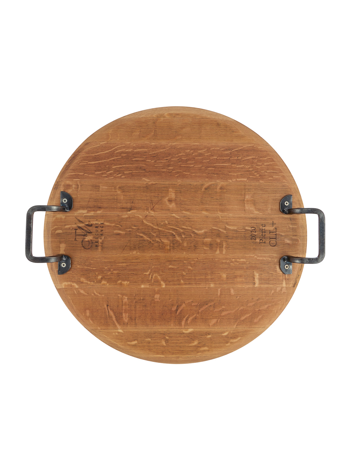 Vintage Wine Barrel Serving Board with Wrought Iron Handles Two Weston Table