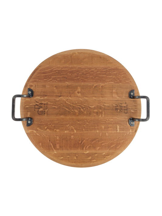 Vintage Wine Barrel Serving Board with Wrought Iron Handles One Weston Table
