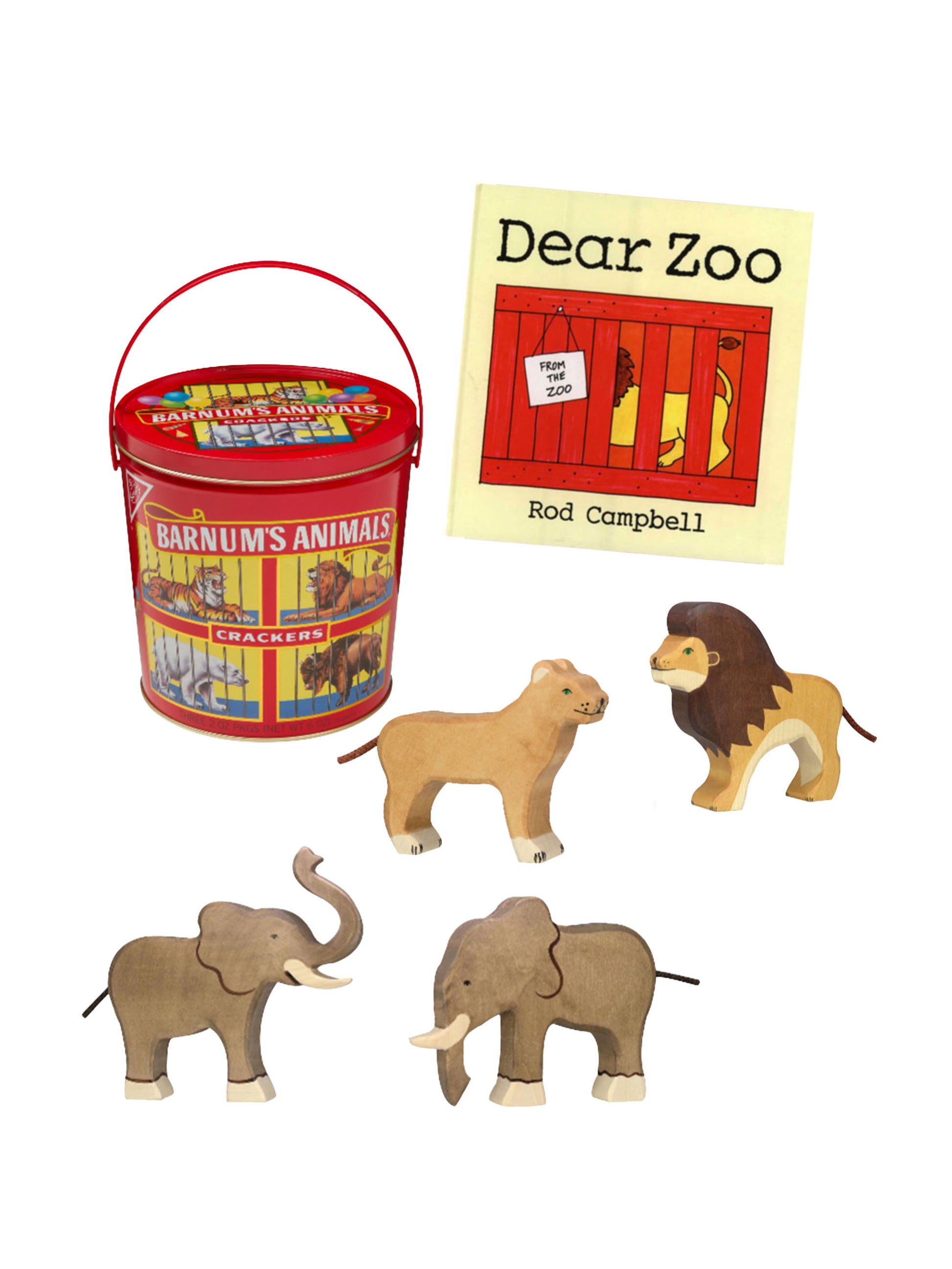 Vintage Animal Cracker Tin with Wooden Circus Toys Gift Set Weston Table