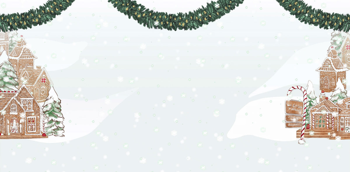 A festive Christmas-themed background design with snow falling, gingerbread houses on both sides, green garlands across the top, and candy canes near the right side. Weston Table.
