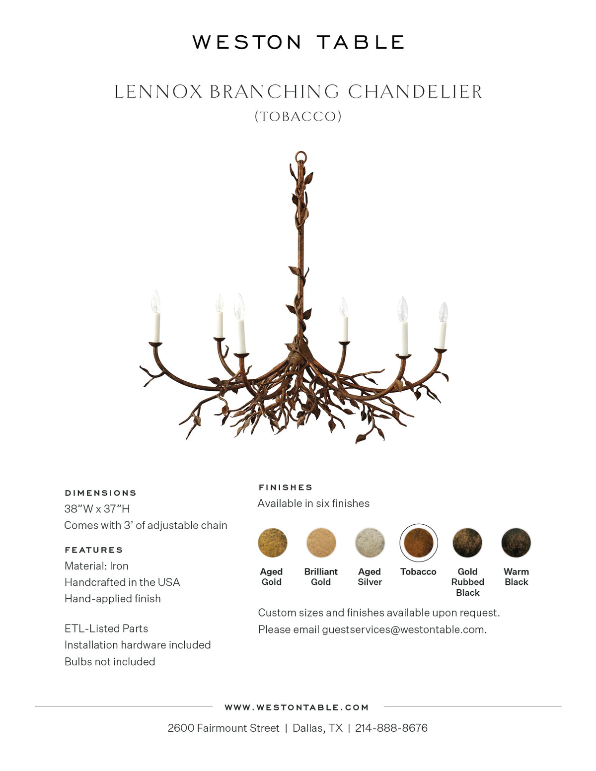 Lennox Branching Chandelier Tobacco Weston Table
