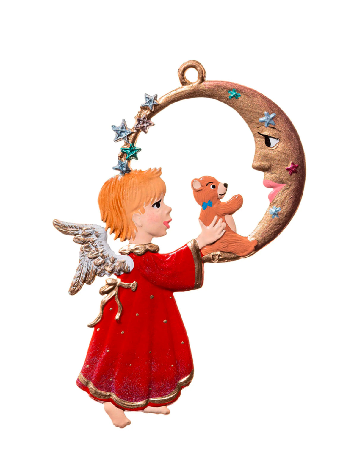 Wilhelm Schweizer Pewter Angel with Teddy Bear in Moon Ornament