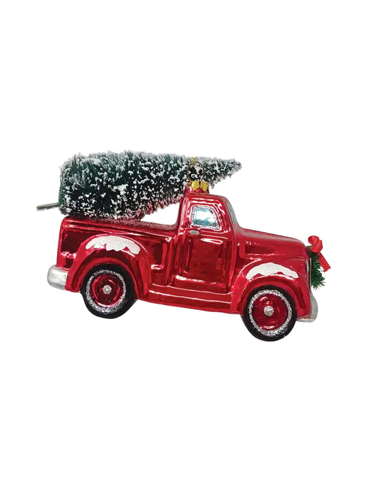 Red Truck with Tree Glass Ornament