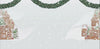 Snow falling on an illustrated gingerbread village with evergreen garland across the top on a light gray background. Weston Table.