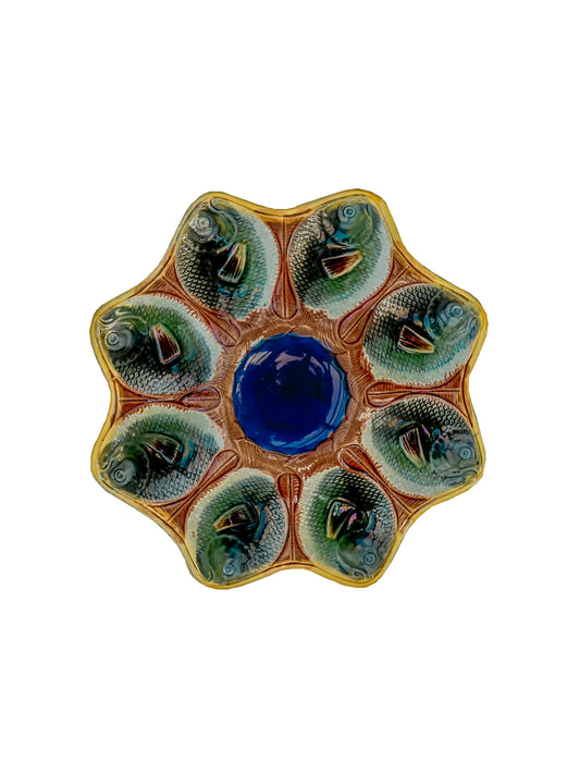 Vintage 19th Century Majolica Oyster Plate with 8 Fish Wells