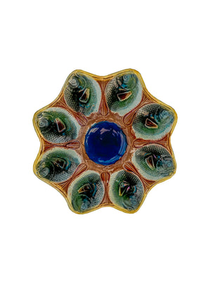  Vintage 19th Century Majolica Oyster Plate with 8 Fish Wells 