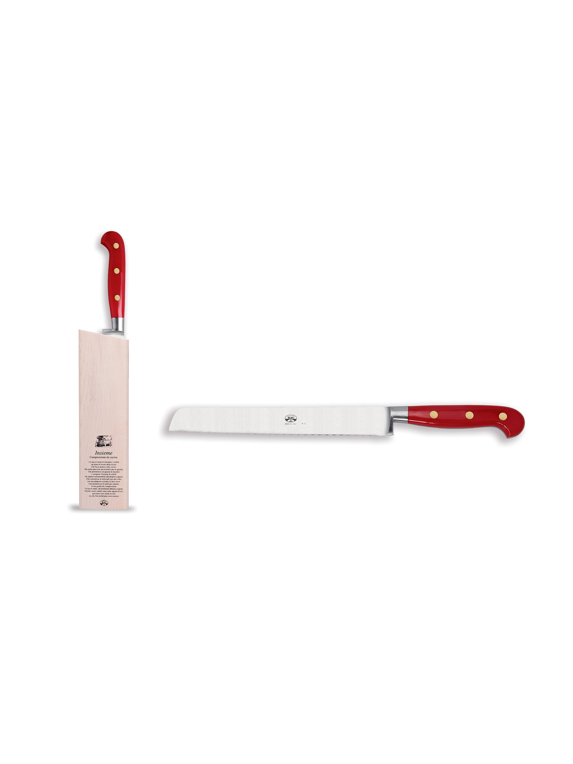 Coltellerie Berti Cutlery Red Insieme Lucite Bread Knife  with Wood Block Weston Table