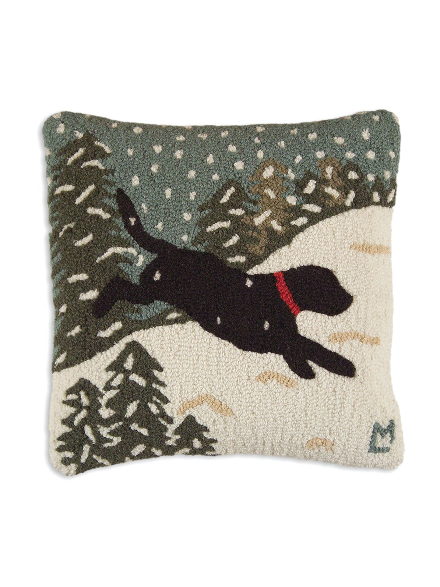 Black Lab Snow Dog Hooked Wool Pillow Weston Table