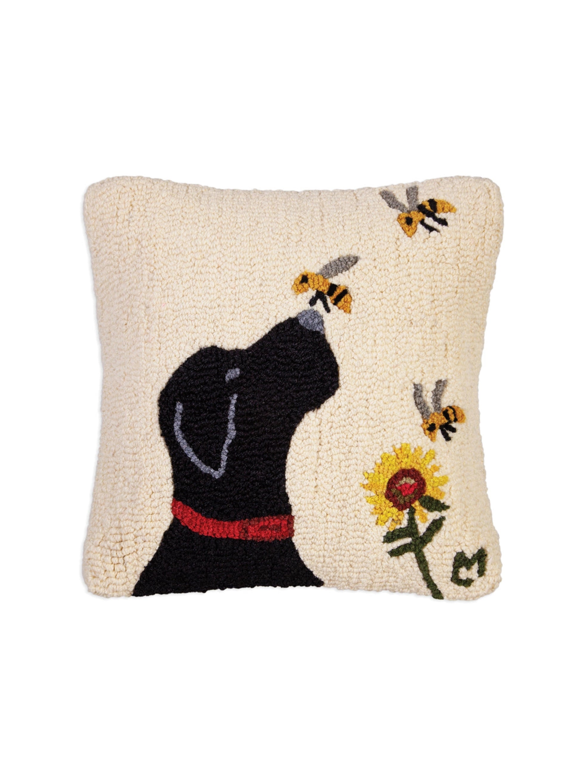 Black Lab with Bee and Flower Hooked Wool Pillow Weston Table