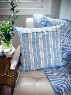  Blue and White Stripe Linen Button Pillow Weston Table 