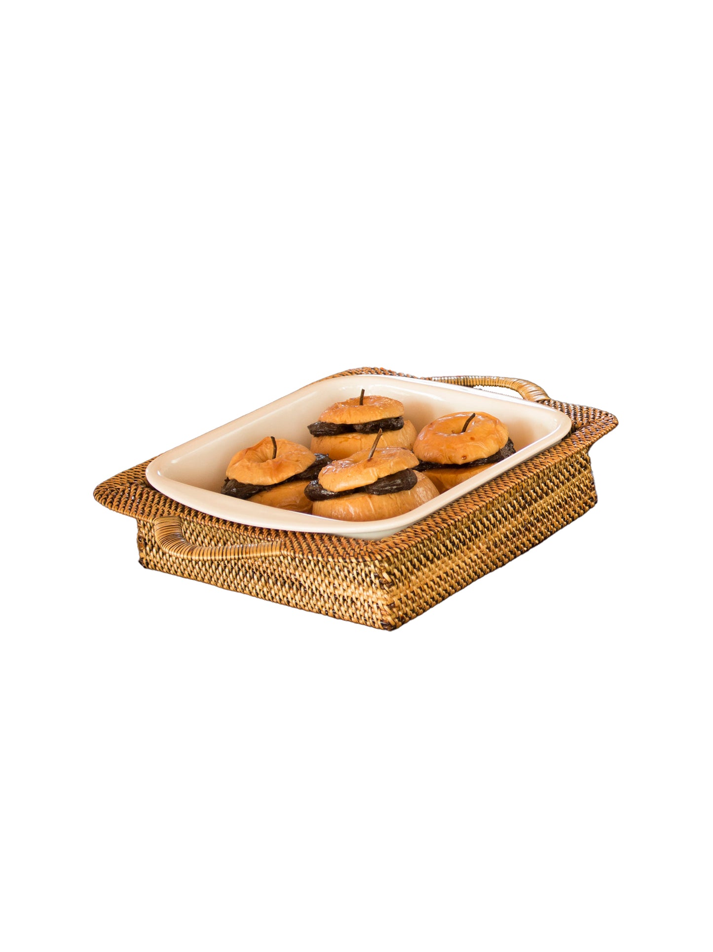 Calaisio Rectangular Basket with Wrapped Handles and 3 Quart Pillivuyt Baker Weston Table