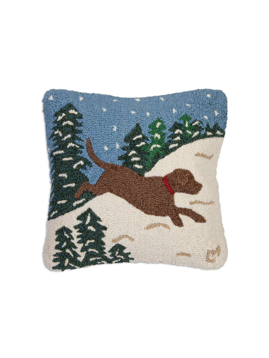 Chocolate Lab Snow Dog Hooked Wool Pillow Weston Table