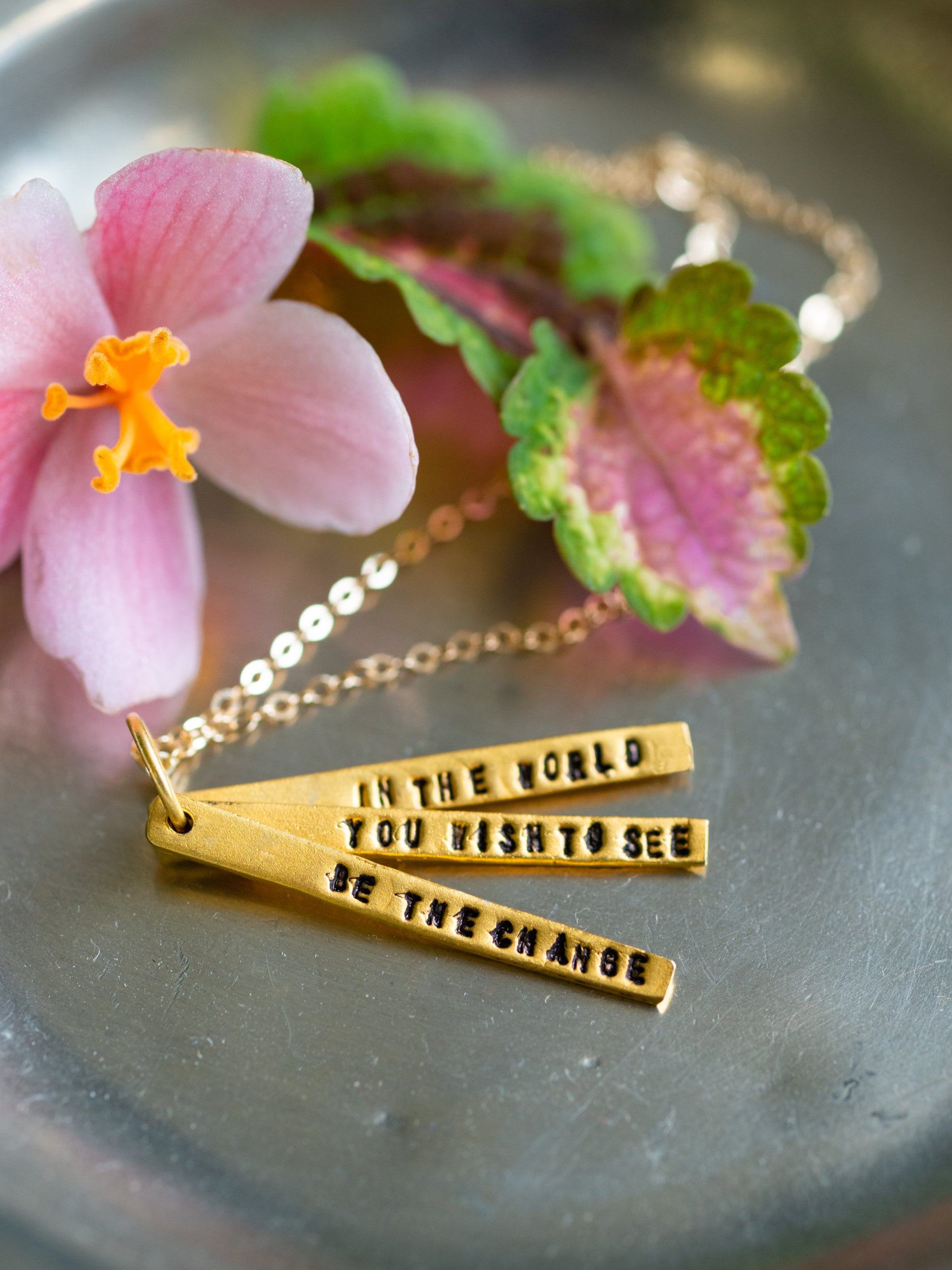 Chocolate & Steel Long-Bar Quote Necklace Gandhi Gold Weston Table