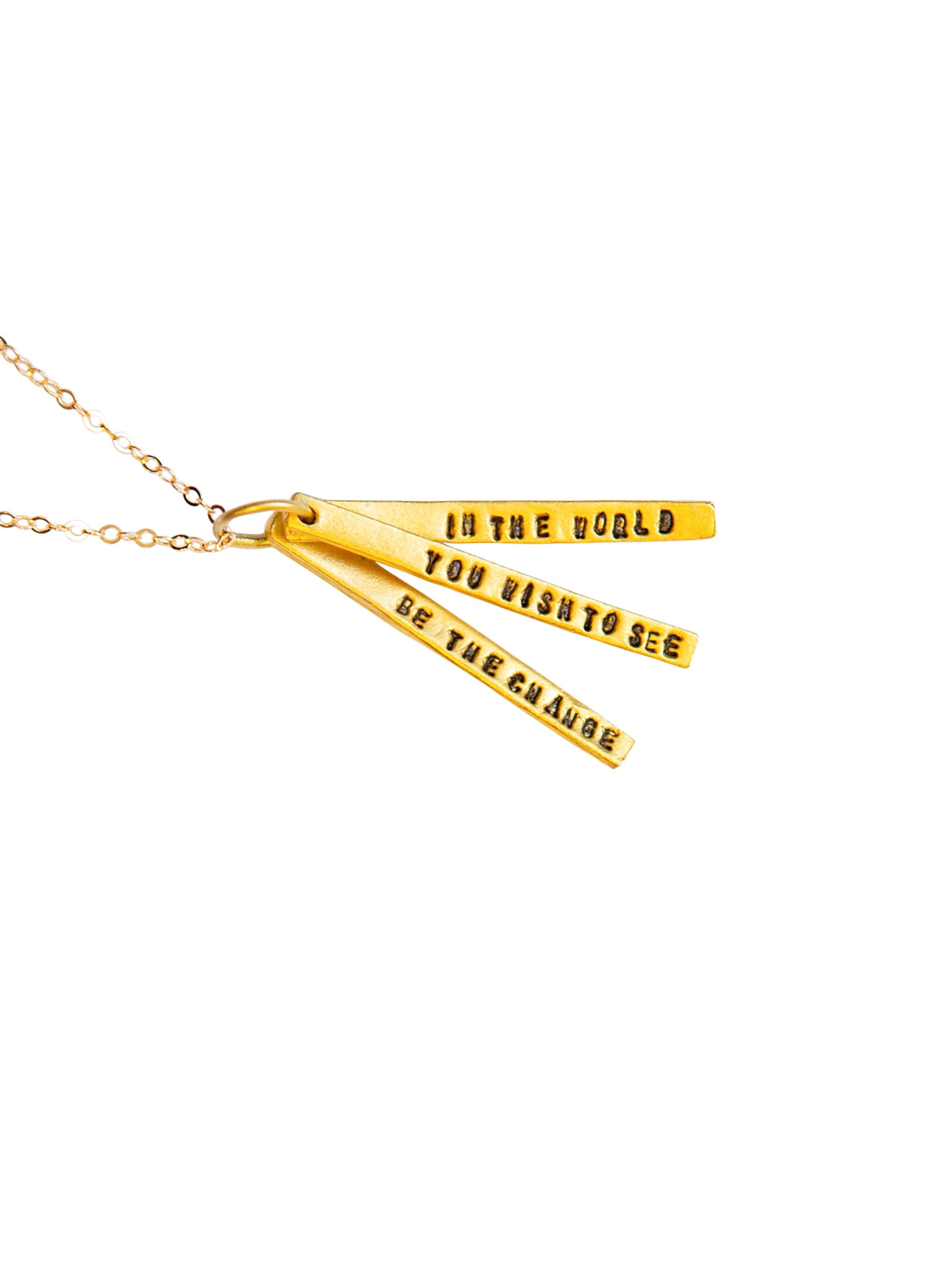 Chocolate & Steel Long-Bar Quote Necklace Gandhi Weston Table