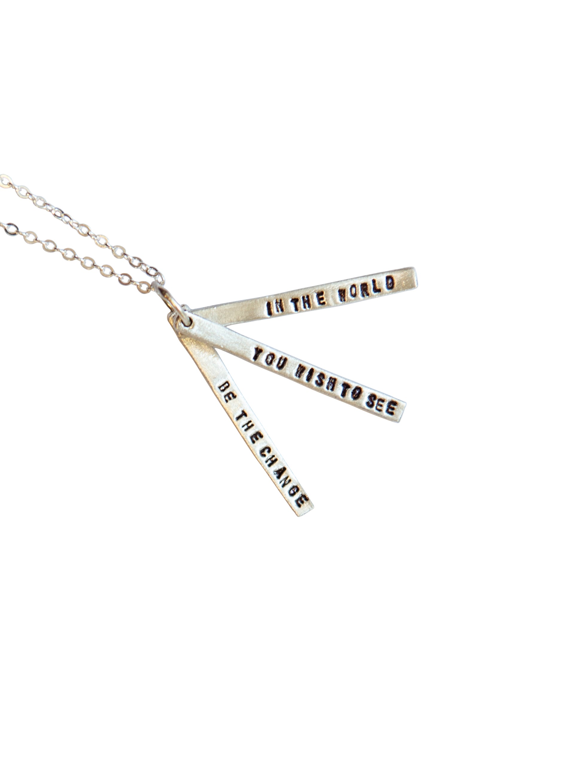 Chocolate & Steel Long-Bar Quote Necklace Gandhi Weston Table