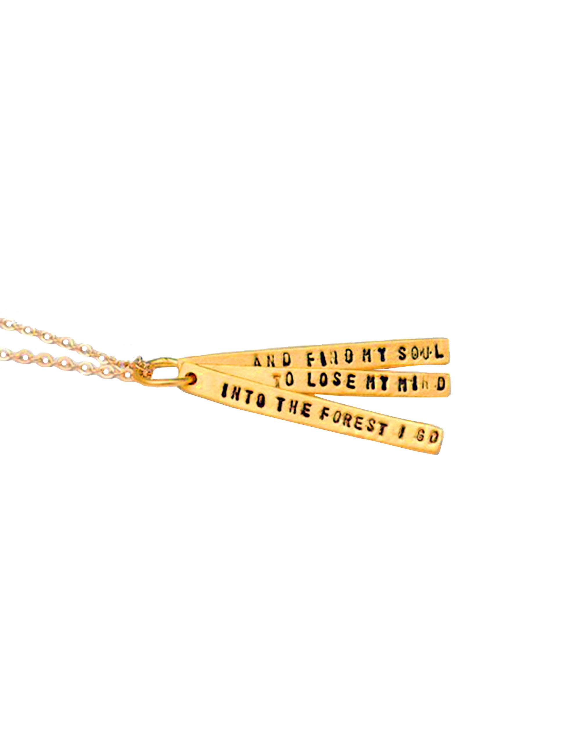 Chocolate & Steel Long-Bar Quote Necklace John Muir Into the Forest I Go Gold Weston Table
