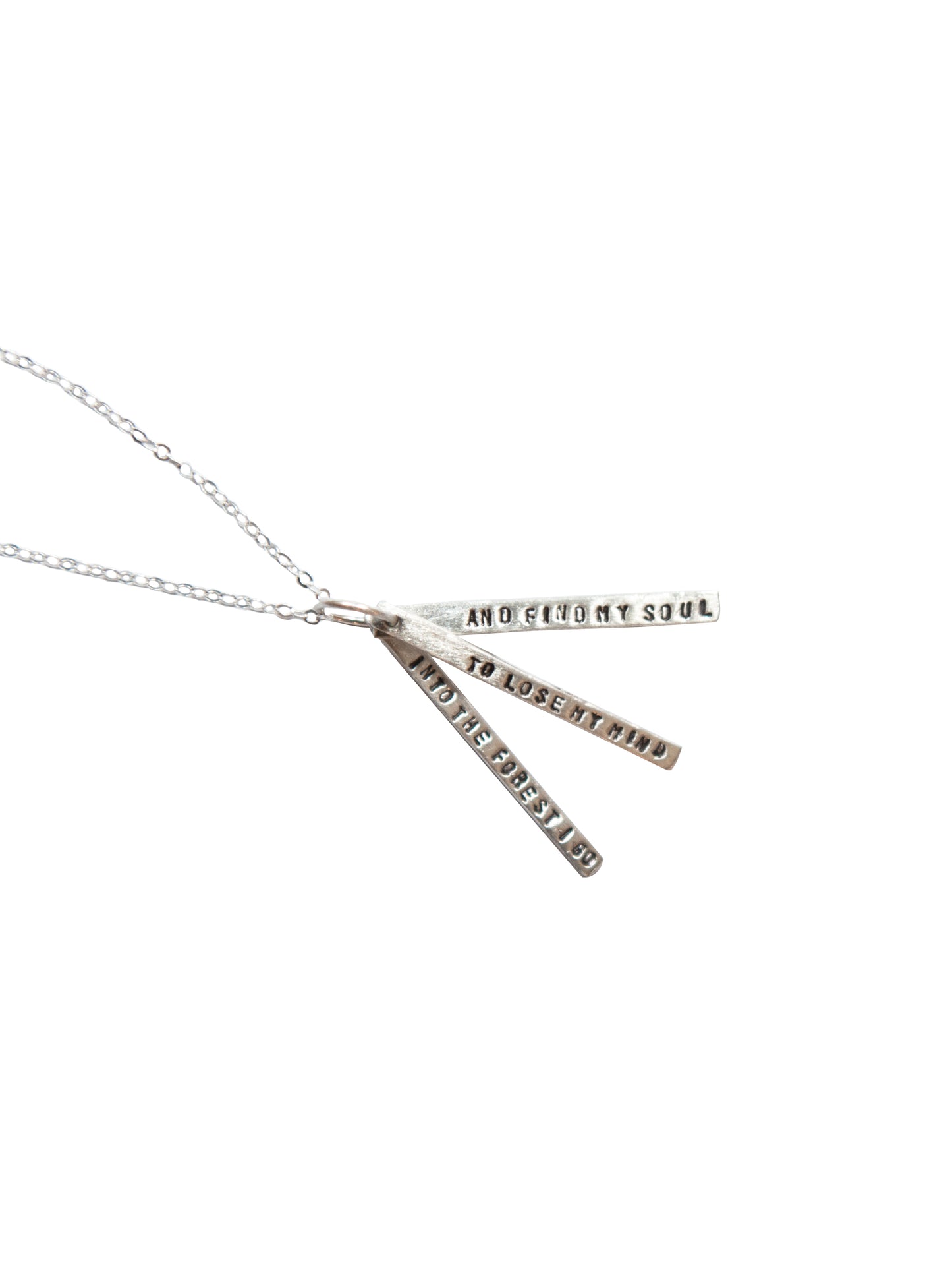 Chocolate & Steel Long-Bar Quote Necklace John Muir Into the Forest I Go Silver Weston Table