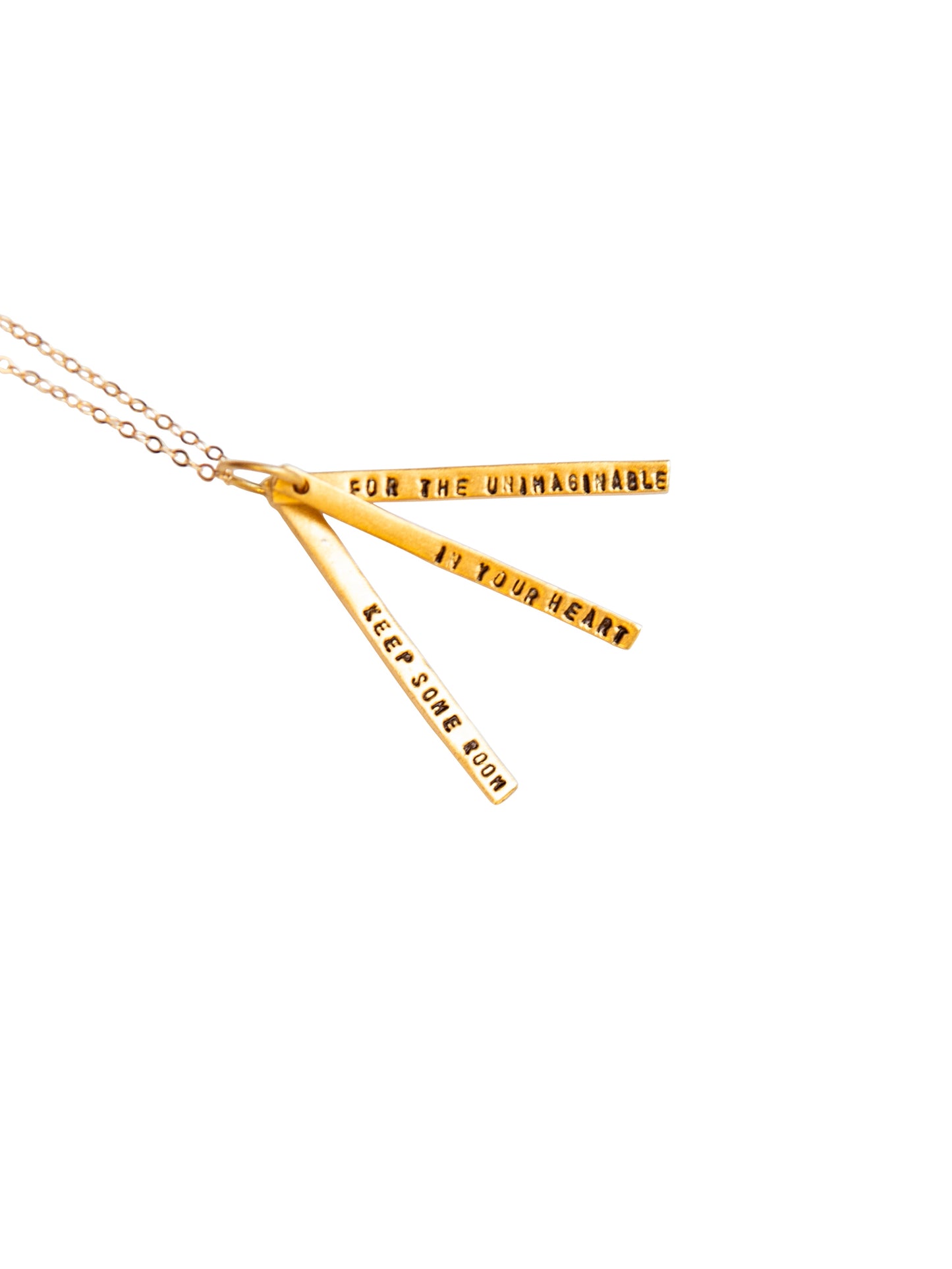 Chocolate & Steel Long-Bar Quote Necklace Mary Oliver Gold Weston Table