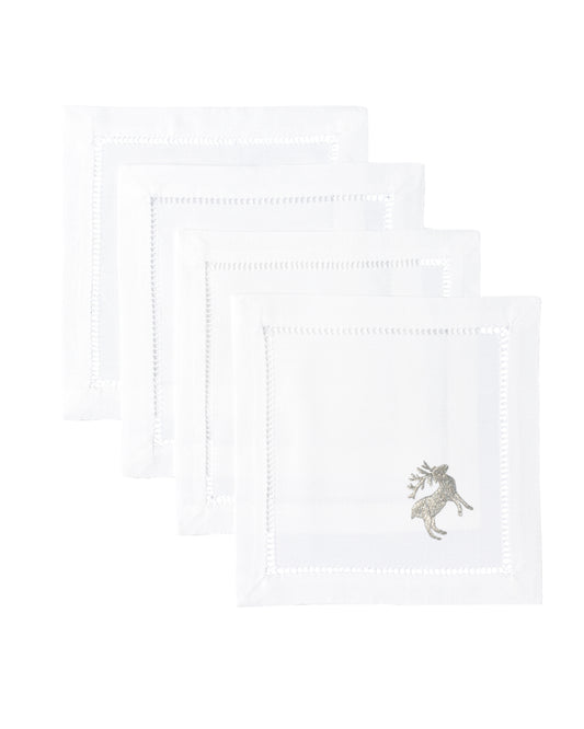 Embroidered Silver Reindeer Cocktail Napkin Set