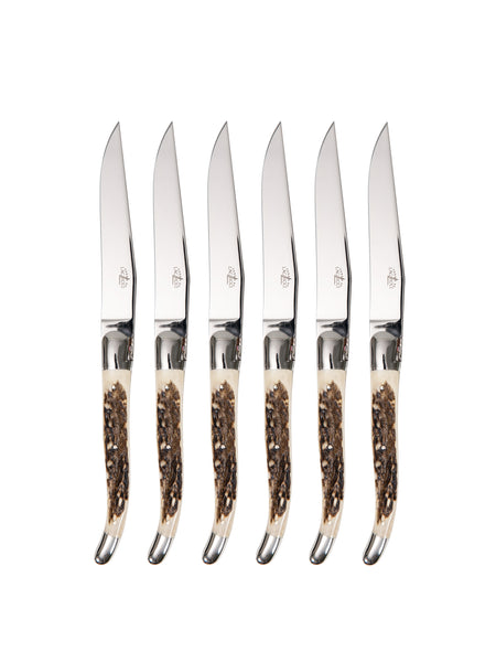 Forge de Laguiole Silver Stainless Steel Elk Stag Handle 6 Piece Steak Knife Set | Horn/Metal | Kathy Kuo Home