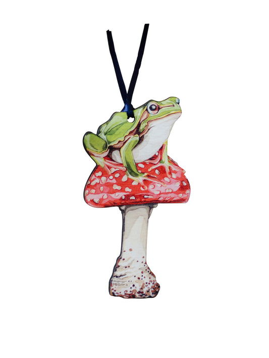 Frog and Toadstool Watercolor Birchwood Ornament Weston Table