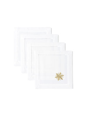  Embroidered Gold Snowflake Cocktail Napkin Set 