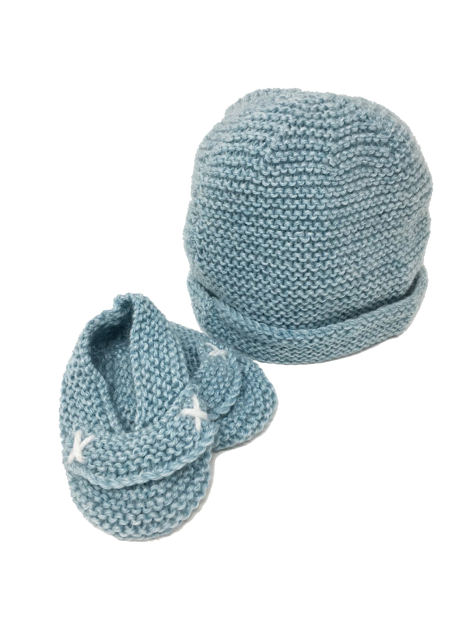Hand Knit Baby Beanie & Slippers Gift Set Blue Weston Table